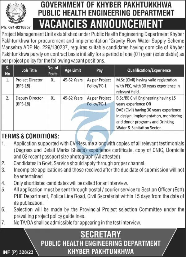 Govt Jobs in KPK Public Health Engineering Department Advertisement