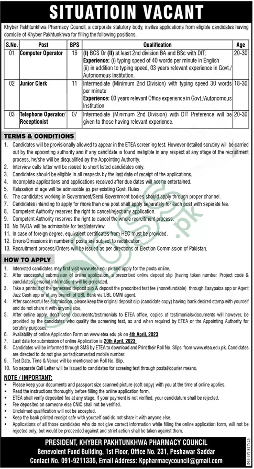 Pharmacy Council KPK Jobs 2023 Advertisement