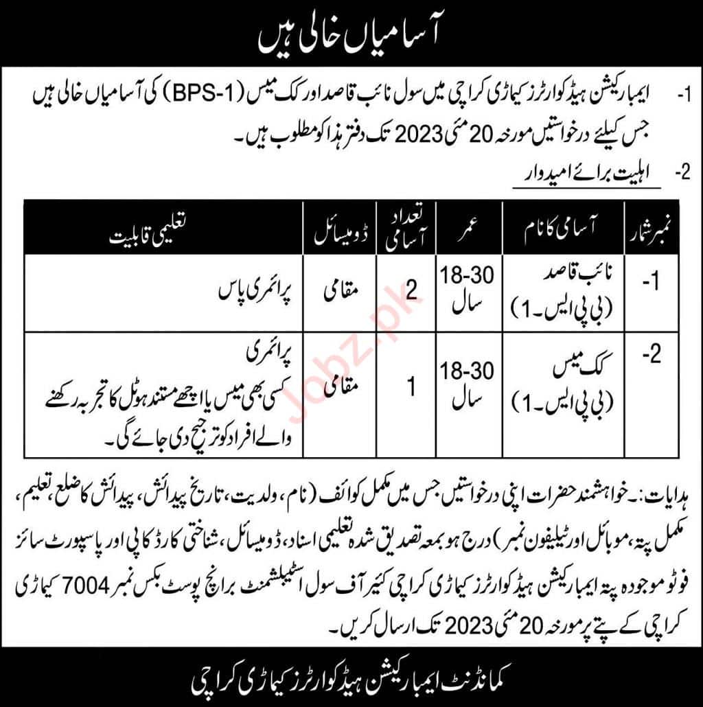 Pak Army Embarkation Headquarters Karachi Jobs Advertisements