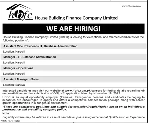 HBFC Jobs Advertisement