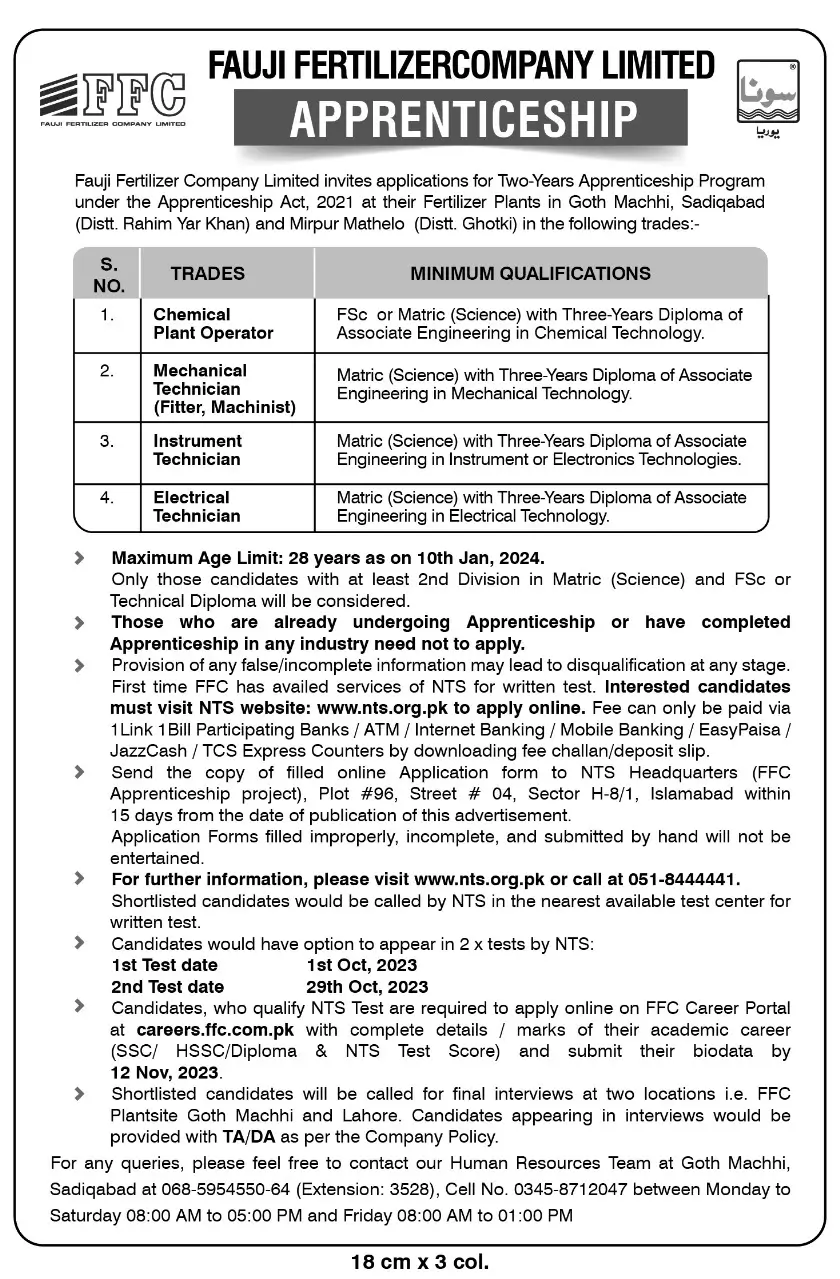 Fauji Fertilizer Jobs Advertisement 2023