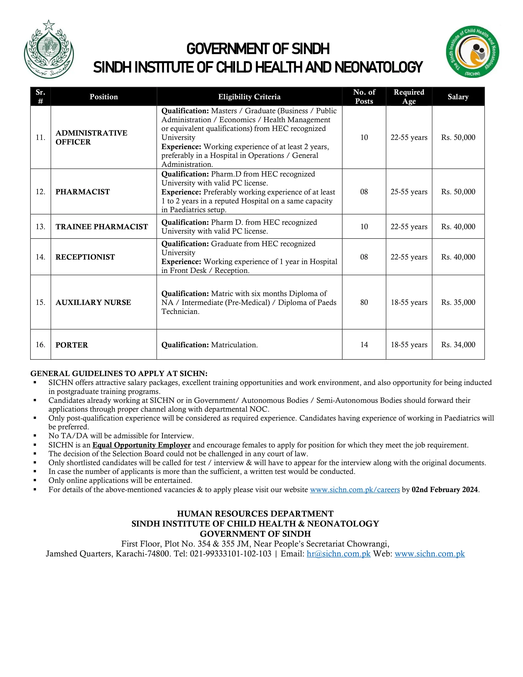SICHN Jobs 2024 Sindh Institute of Child Health and Neonatology Latest Advertisement
