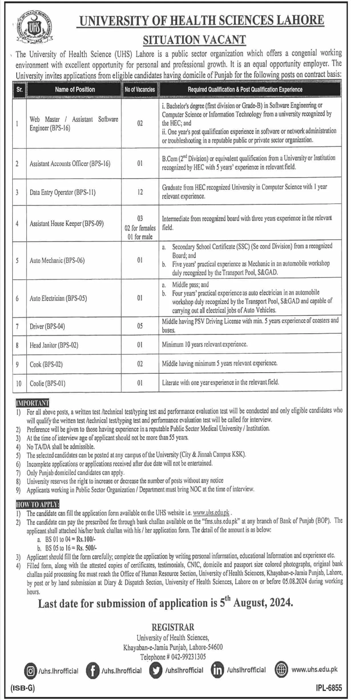 UHS Jobs 2024 Lahore Online Apply Application Form www.uhs.edu.pk