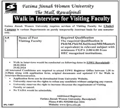 FJWU Jobs Advertisement 2024