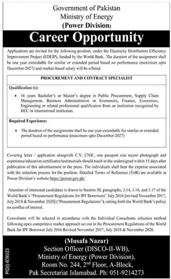 Ministry of Energy Petroleum Division Jobs Advertisement 2024