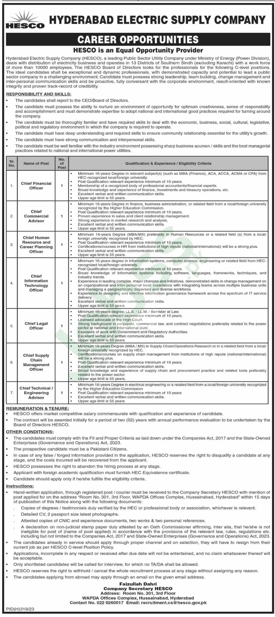 HESCO Jobs Advertisement 2024