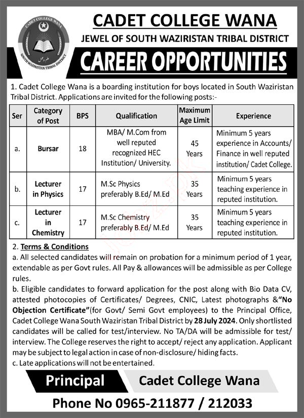 Cadet College Jobs Advertisement