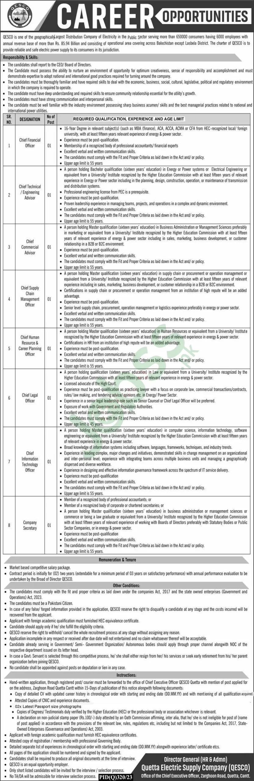 Quetta Electric Supply Company QESCO Jobs 2024 Latest Advertisement