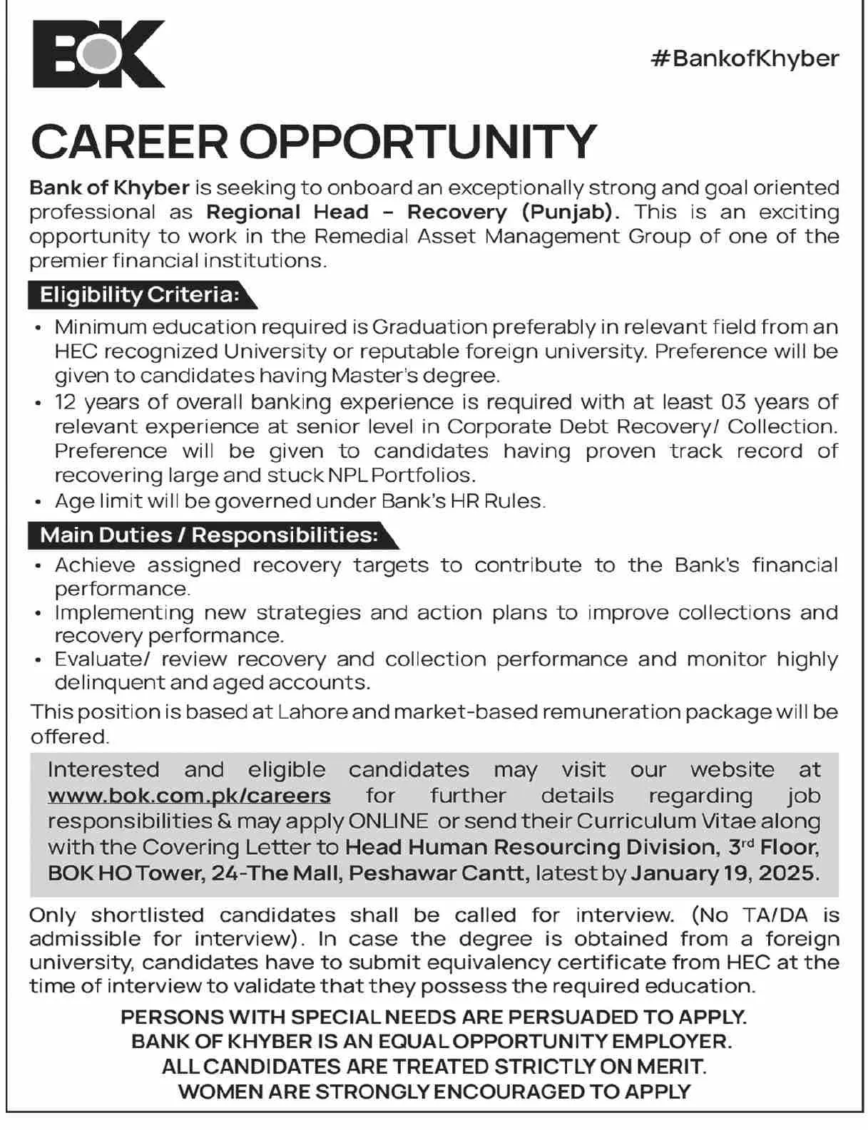 Bank of Khyber BOK Jobs Latest Advertisement 2025