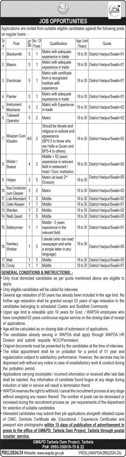 Wapda Jobs Advertisement 2025 KPK