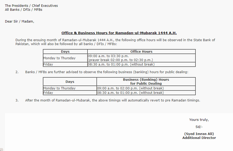 Office & Bank Timing for Ramadan-ul-Mubarak 1444 A.H - SBP