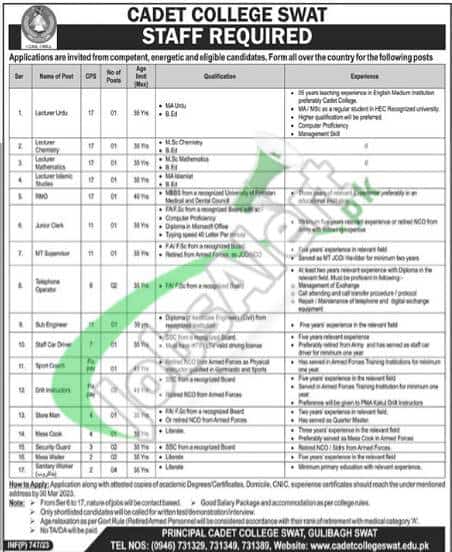 Cadet College Swat Jobs Advertisement