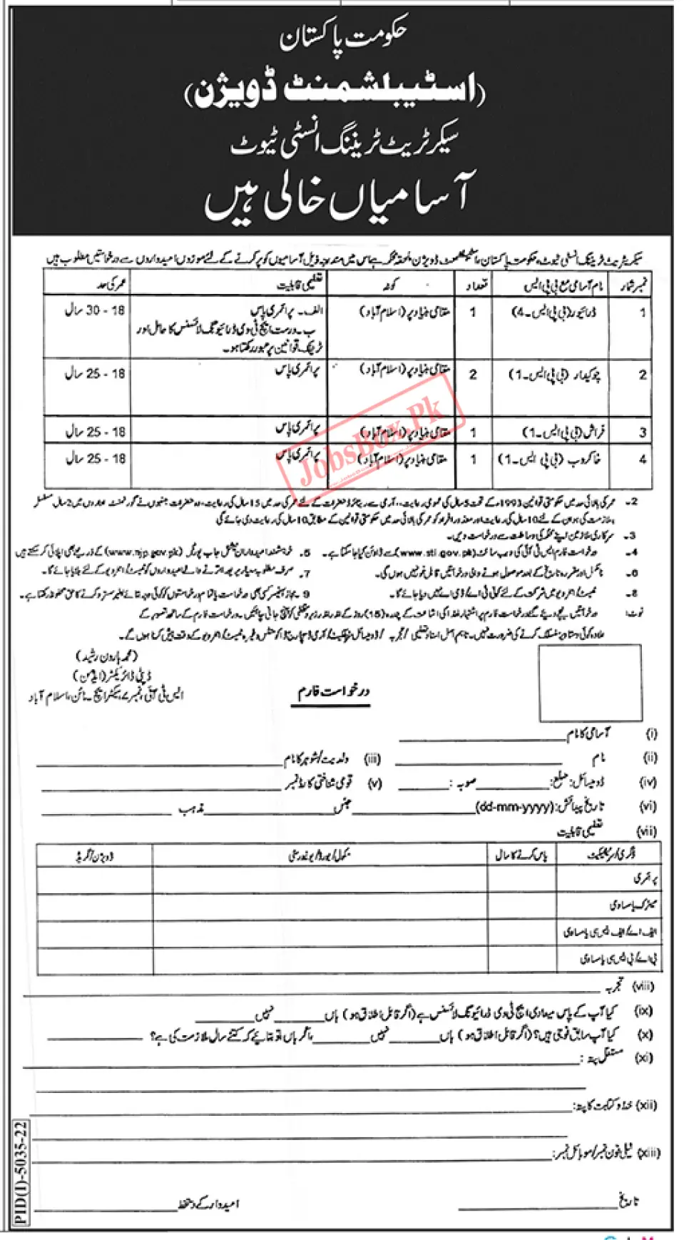 Government of Pakistan Establishment Division Jobs Advertisement