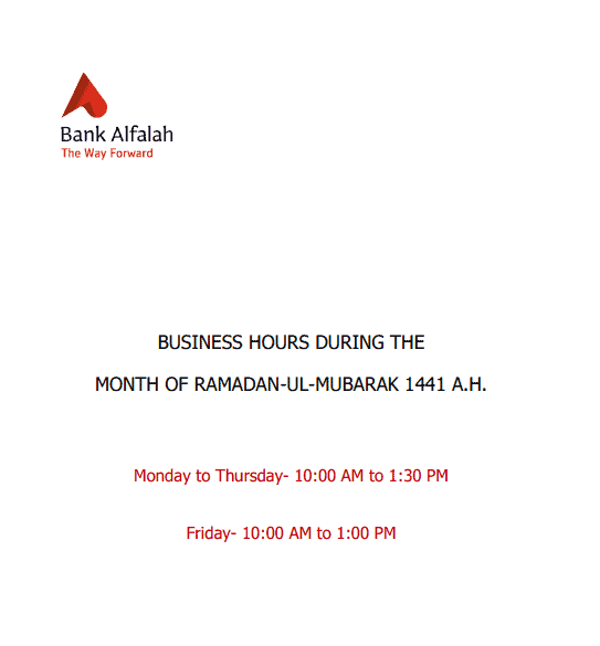 bankalfalah Bank Timing for Ramadan-ul-Mubarak 2023