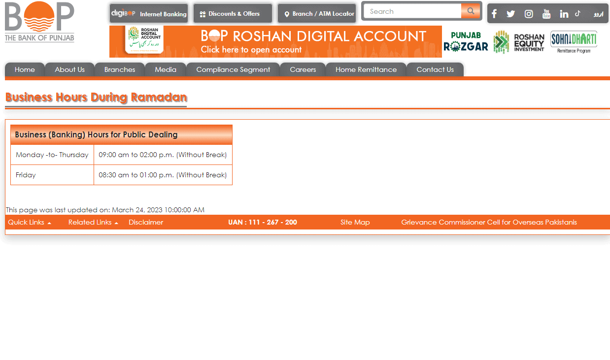 www.bop.com.pk Bank Timing for Ramadan-ul-Mubarak 2023